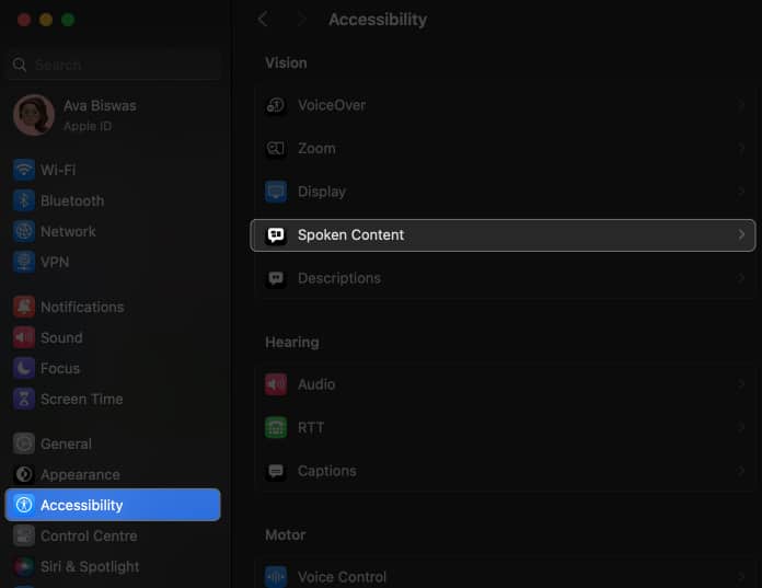 click accessibility, spoken content in system settings