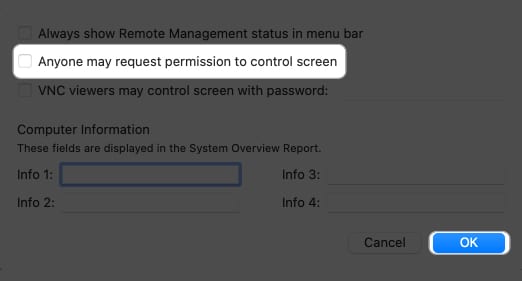 click anyone can request premission to control screen, click ok in remote management