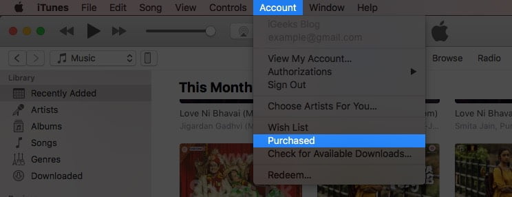 click on account and select purchased in itunes on mac
