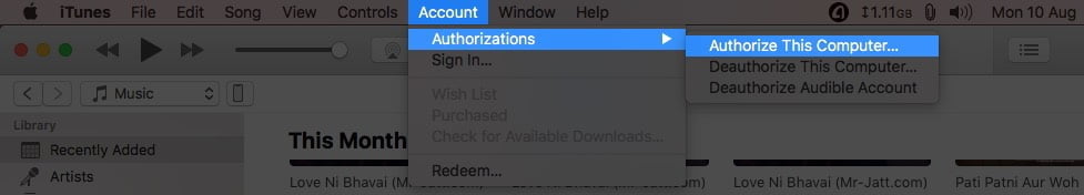 click on account select authorization and then click on authorize this computer in itunes on mac
