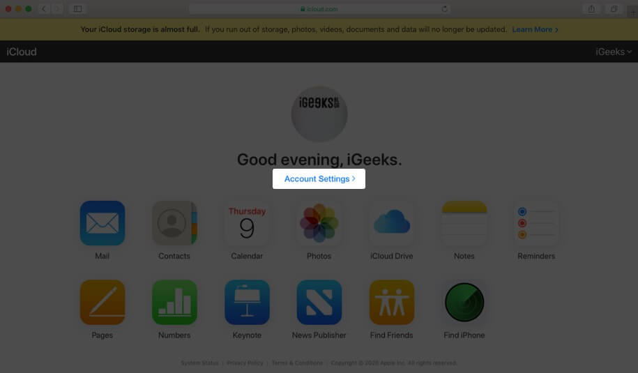 click on account settings in icloud
