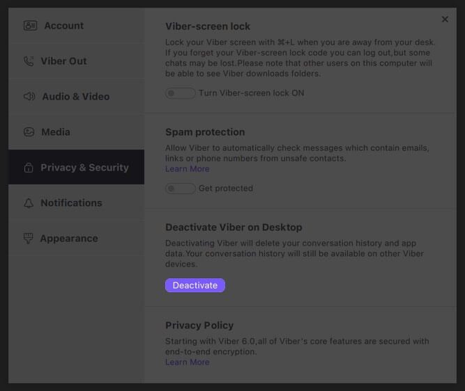 Click on Deactivate in Privacy & Security Settings in Vider App on Desktop