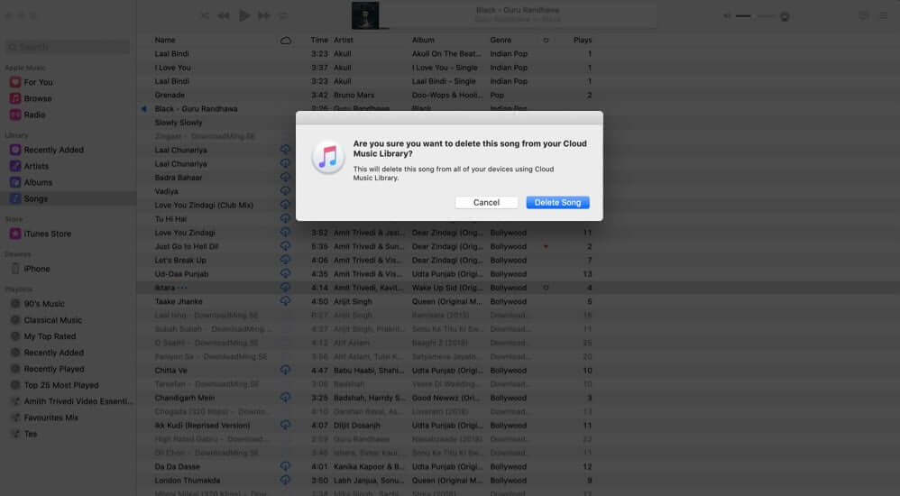 click on delete song to remove songs added to apple music library on mac