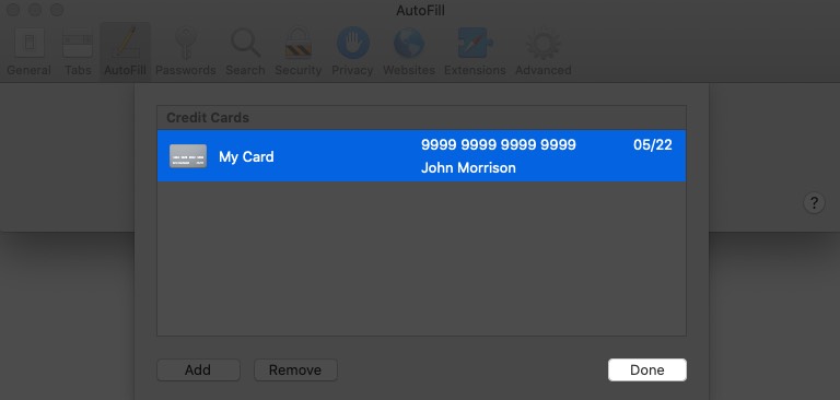 click on done to add credit cards to safari autofill on mac