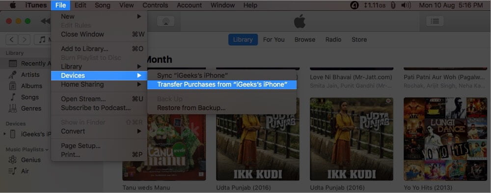 click on file select devices and click on transfer purchases from iphone on mac