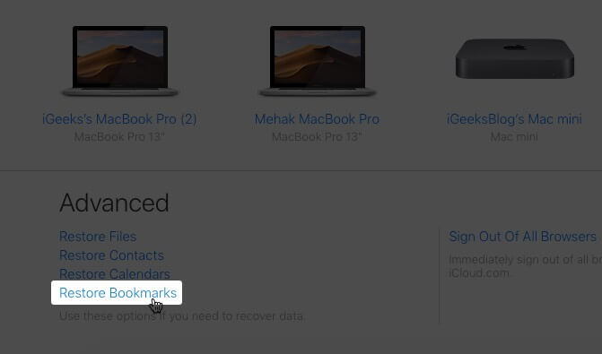 click on restore bookmarks on icloud account