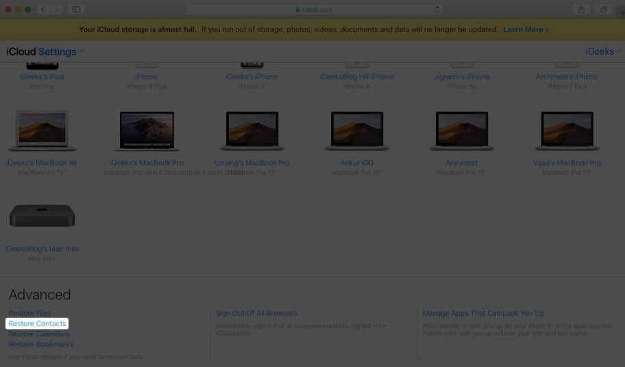 click on restore contacts in account settings on icloud