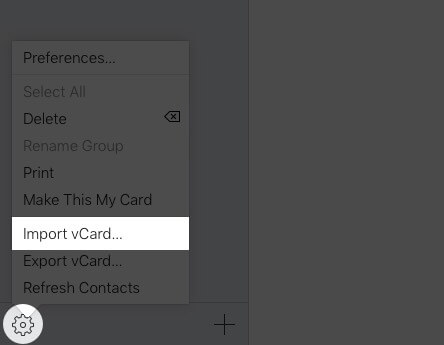 click on settings and select import vcard in icloud on mac