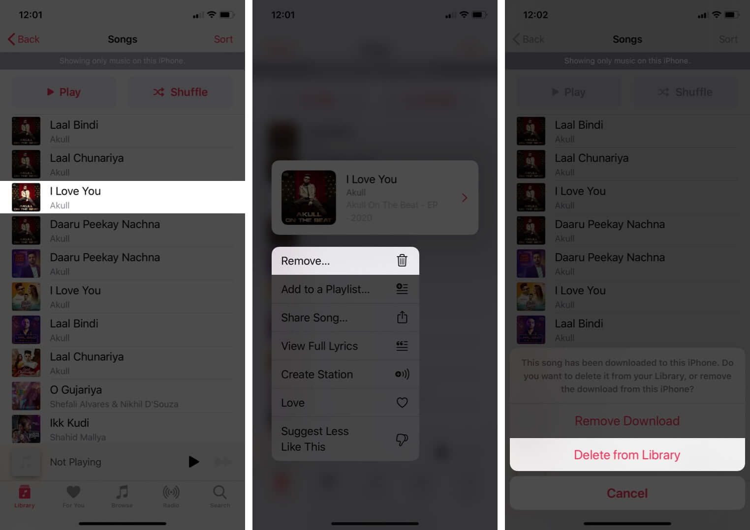 delete downloaded songs from apple music library on iphone