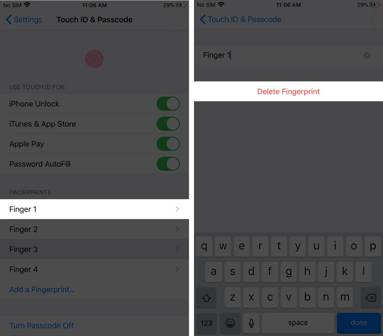 delete fingerprint in touch id on iphone