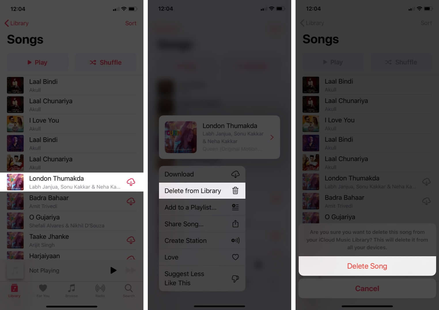 delete songs added to apple music library on iphone