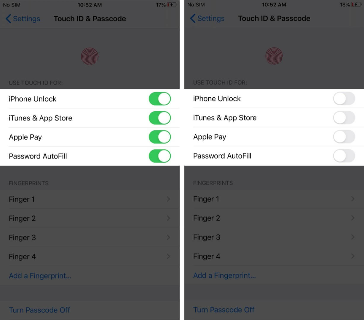 disable toggles to turn off touch id on iphone
