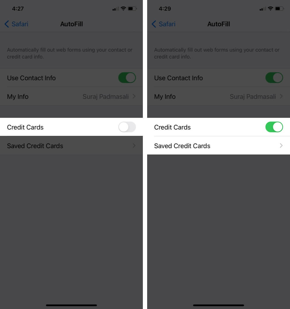 enable credit cards and tap on saved credit cards on iphone