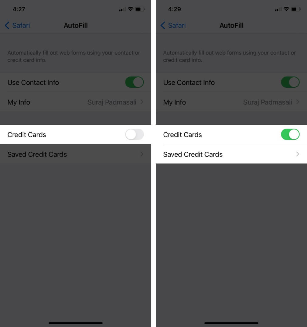 Add Credit Cards to Safari AutoFill on iPhone iPad and Mac enable credit cards and tap on saved credit cards on iphone
