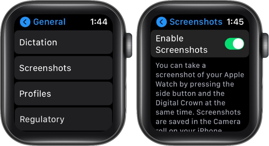 enable screenshots in settings on apple watch