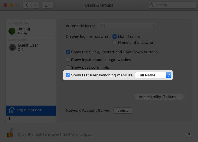 Enable Show fast user switching menu as Option on Mac
