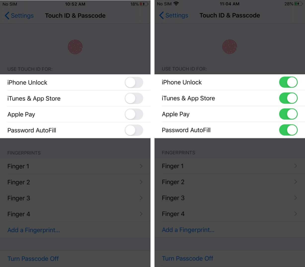 enable toggles to turn on touch id on iphone