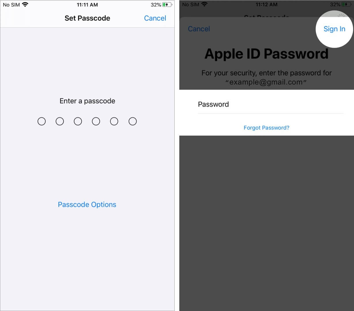 enter passcode and tap on sign in to turn on password on iphone