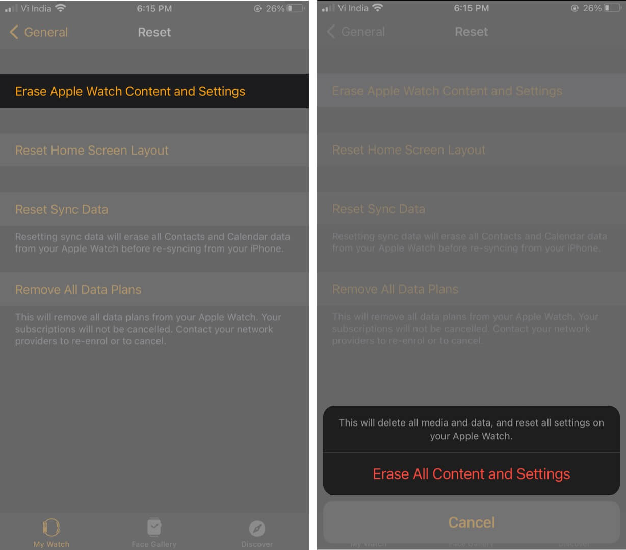 Erase Apple Watch Content and Settings in Watch App on iPhone