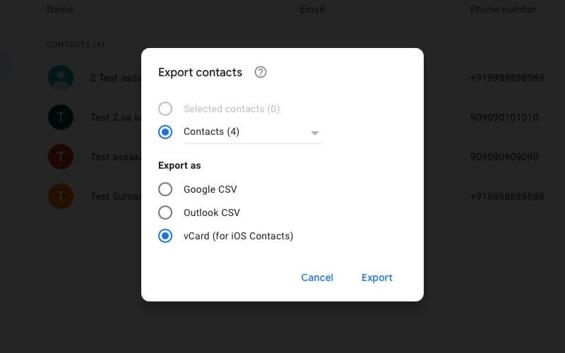 export contacts from google account to computer