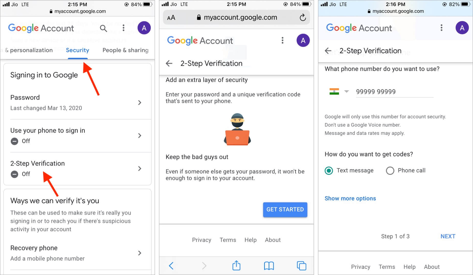 From Security tab tap 2-Step Verification and Get Started