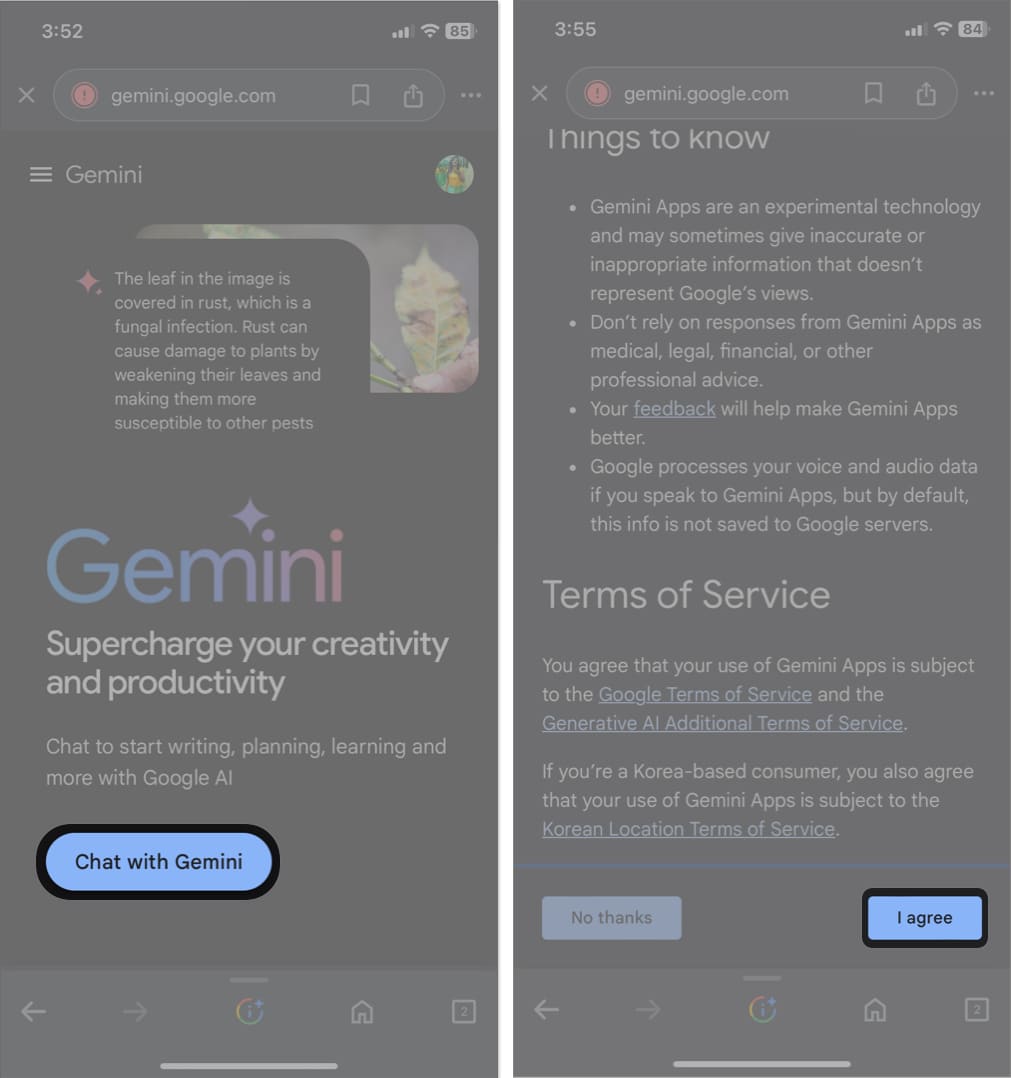 go to gemini website, tap chat with gemini, i agree on iphone browser