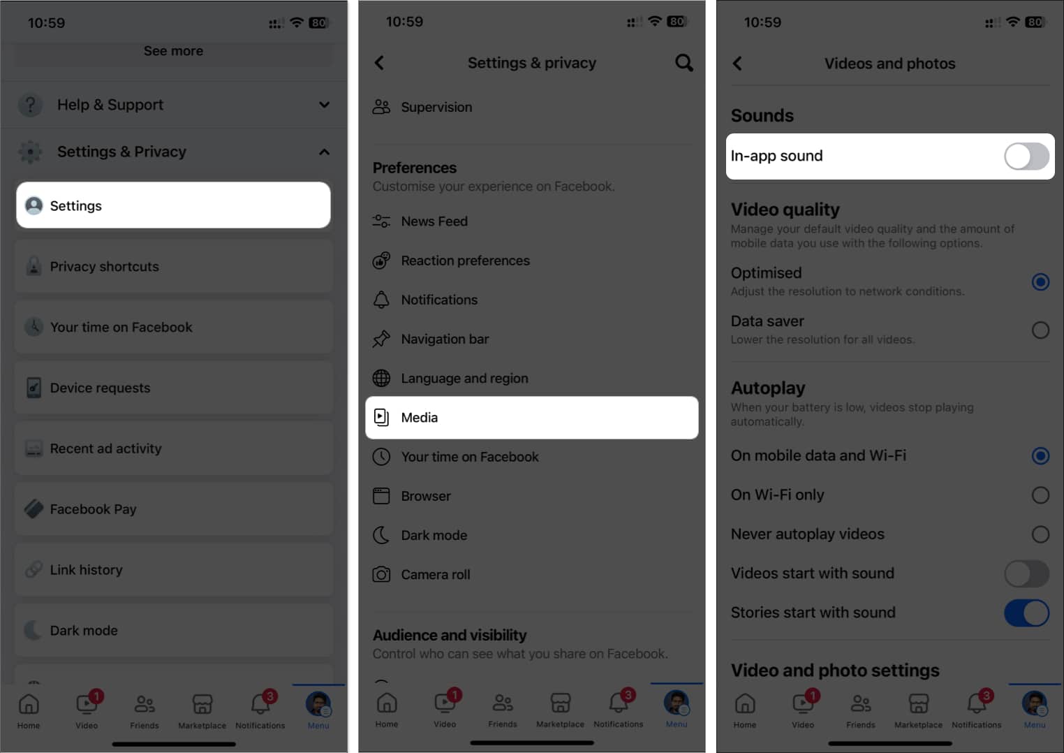 go to settings media toggle off in app sound in facebook