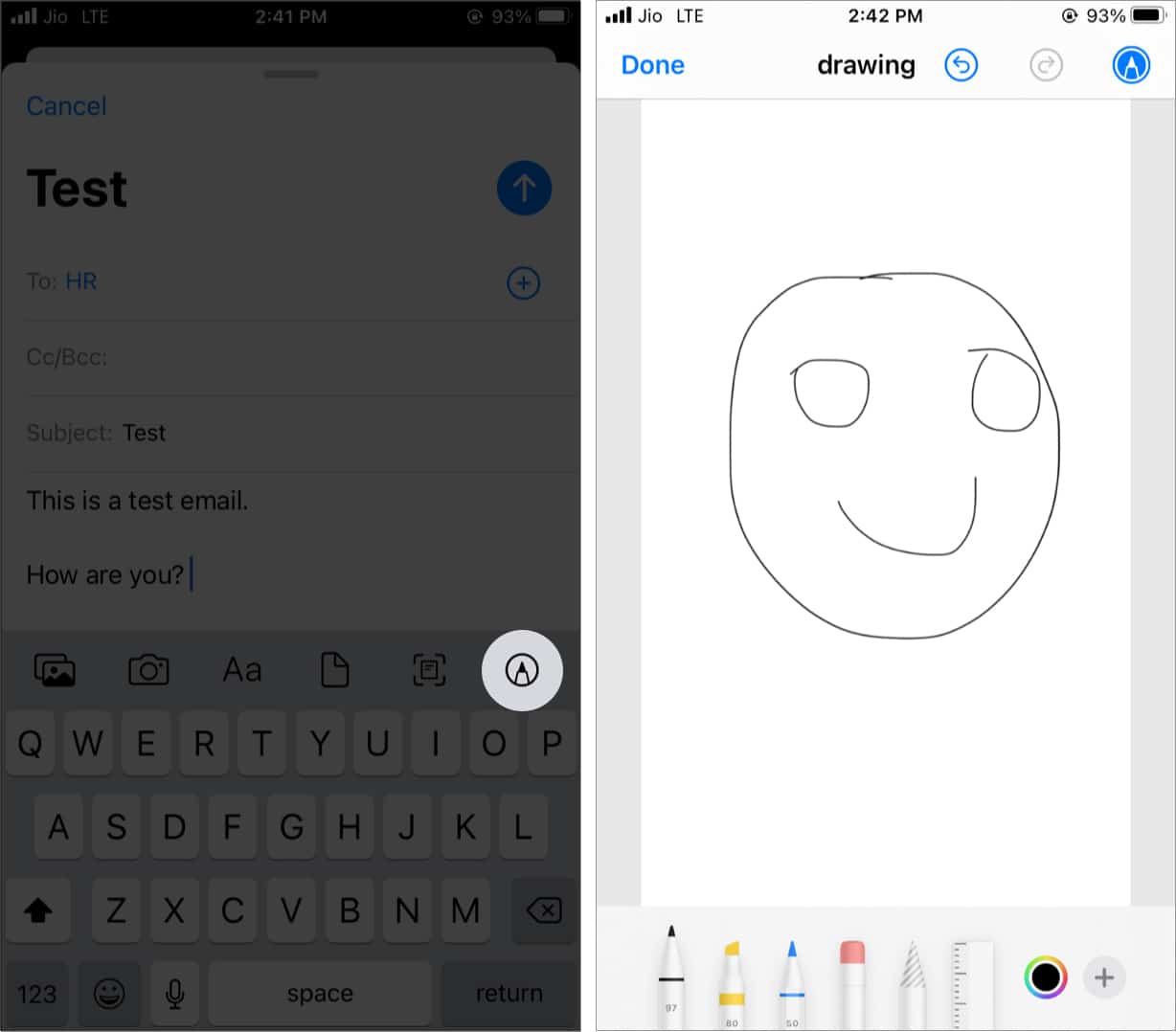 How to draw and insert it using iPhone Mail app