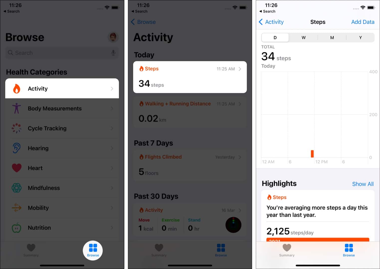 In iPhone Health app tap Browse, Activity, and then tap Steps