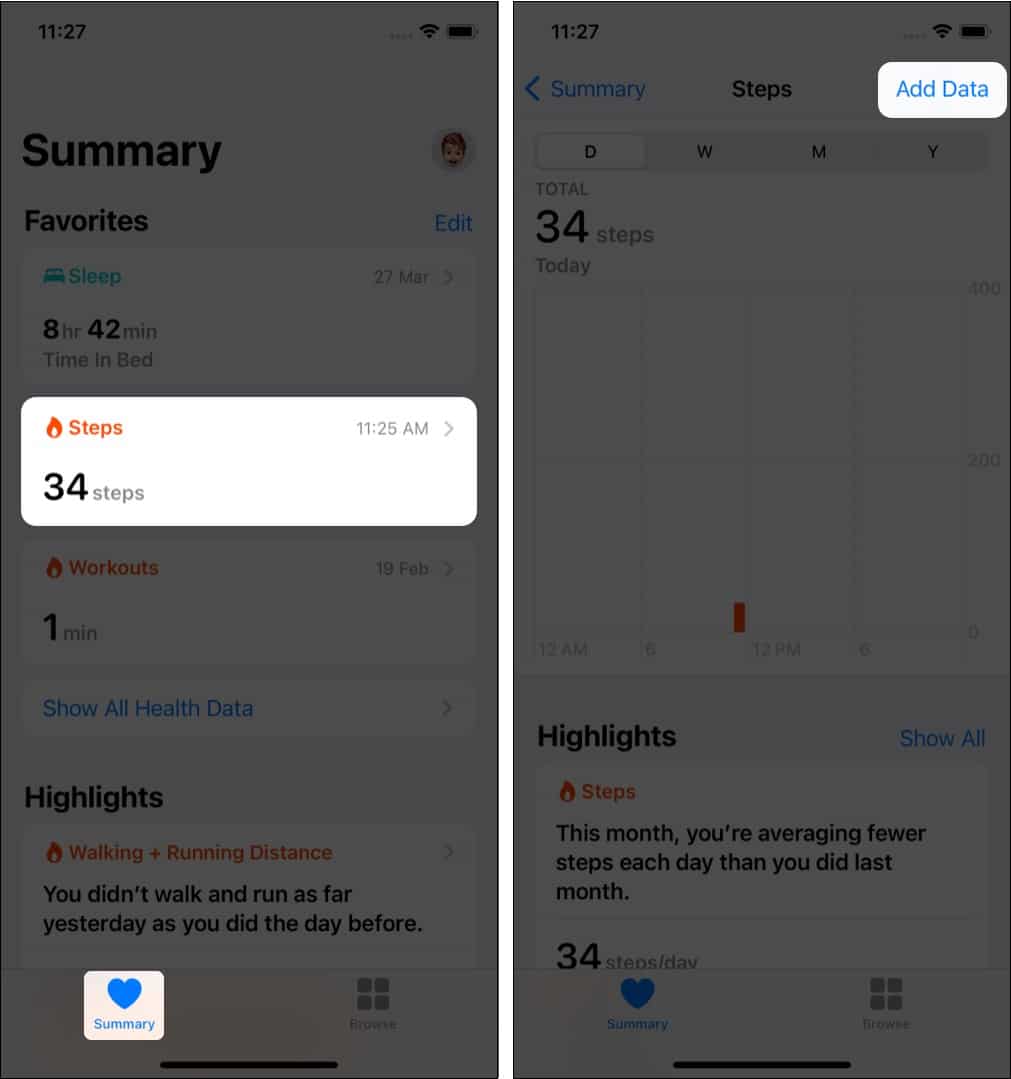 In iPhone Health app tap Summary and then tap Steps Add Data