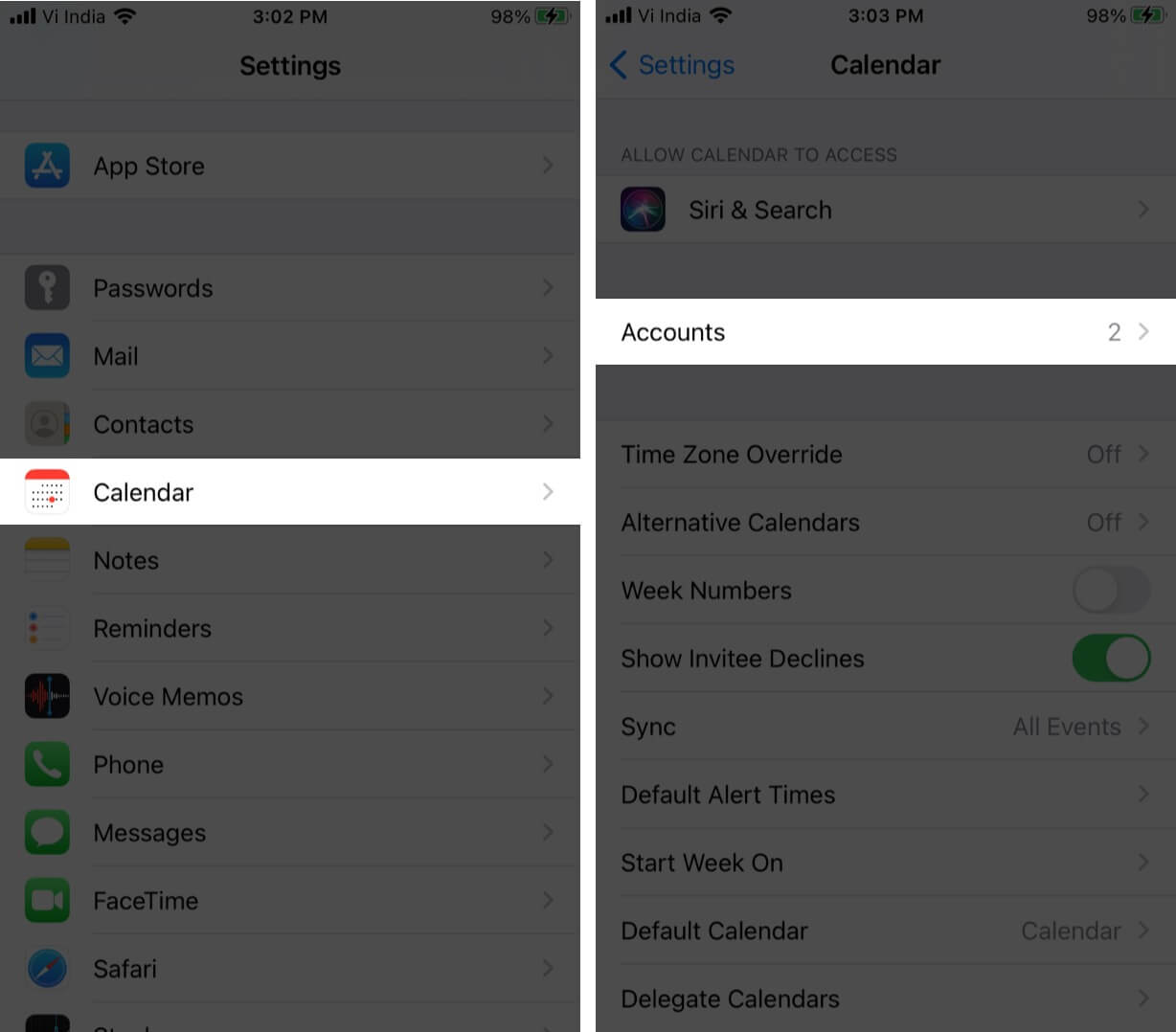 In iPhone Settings app tap on Calendar then Accounts