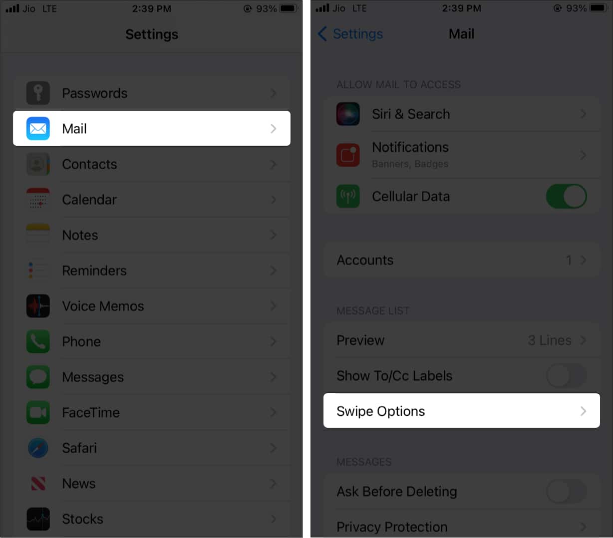 In iPhone Settings tap Mail and Swipe Options