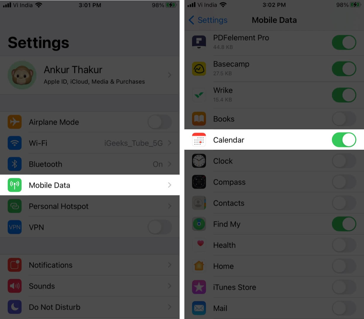 Inside iPhone Settings tap on Cellular and Ensure Data for Calendar is Enabled