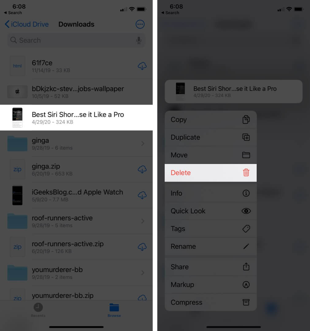 long press on file and select delete from menu in files app