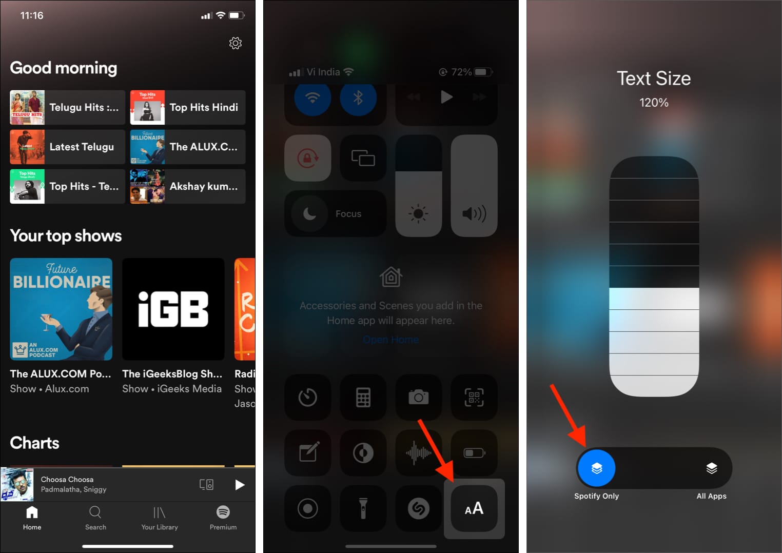Open app bring Control Center tap AA tap app name and drag the text size slider up