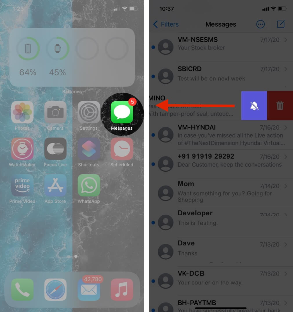 open messages app swipe conversation and tap on hide alerts on iphone