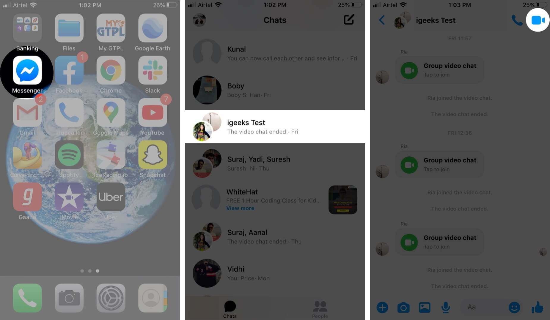 open messenger app tap on group and then tap on video on iphone