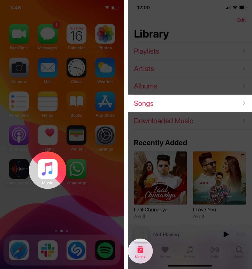 open music app and tap on songs in library on iphone