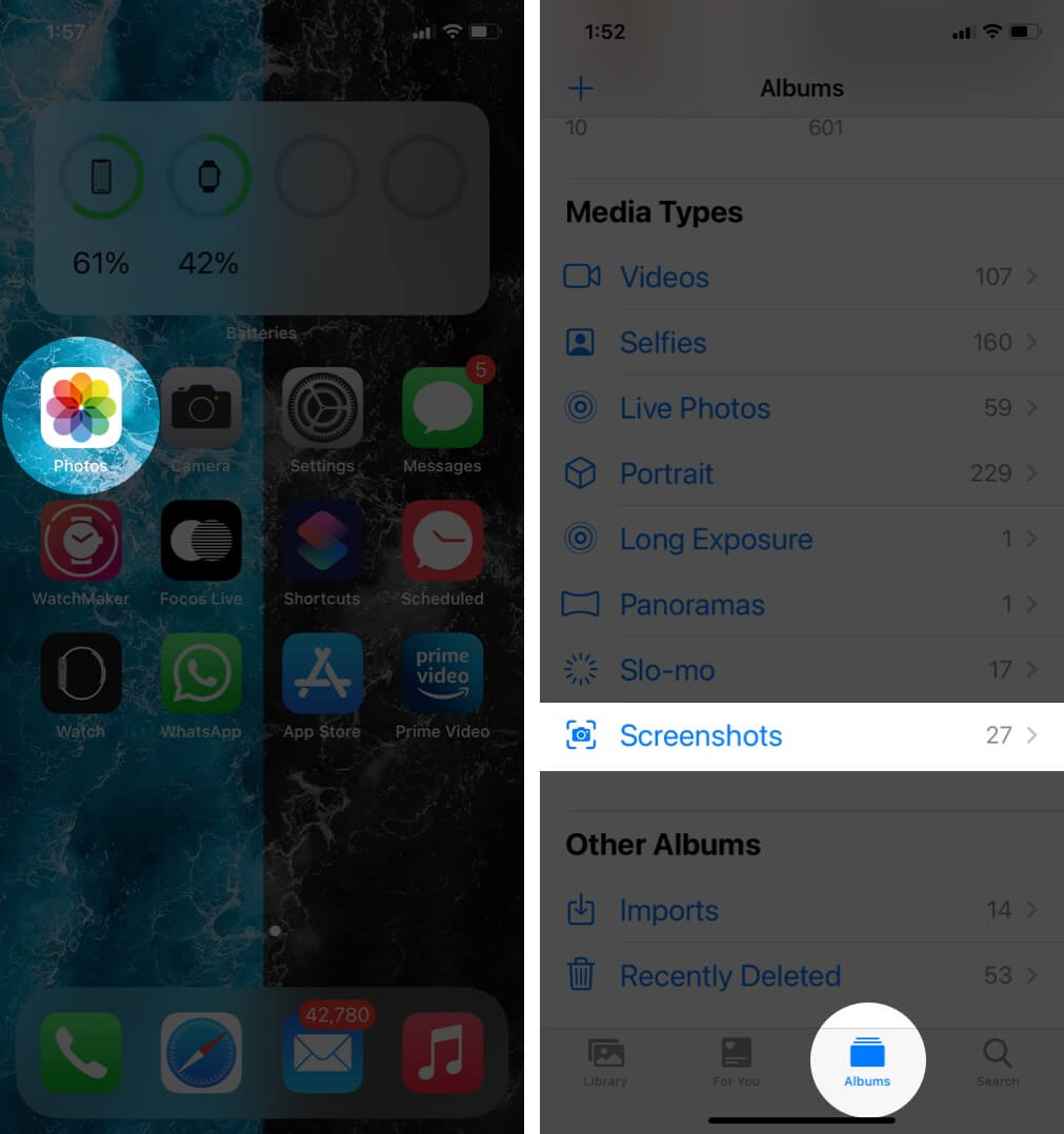 open photos app and tap on screenshots on albums tab on iphone
