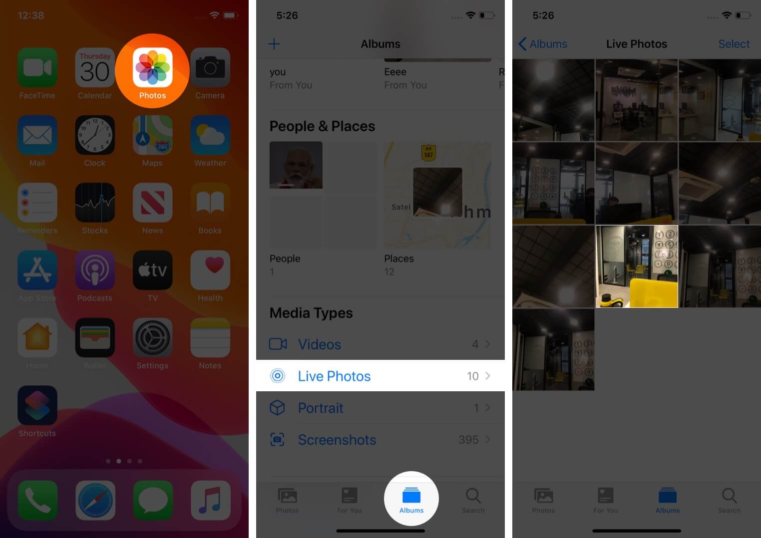open photos app tap on live photos in albums tab and then tap on live photo on iphone