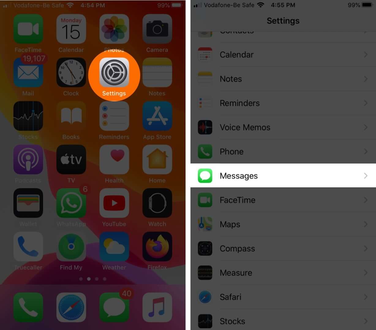 Open settings and tap on messages on iphone