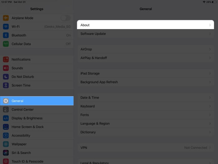 Open Settings Tap on General and Then Tap on About on iPad