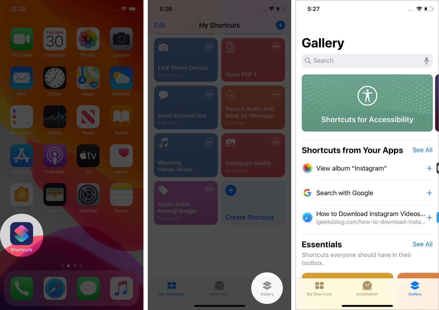 open shortcuts app and tap on gallery on iphone