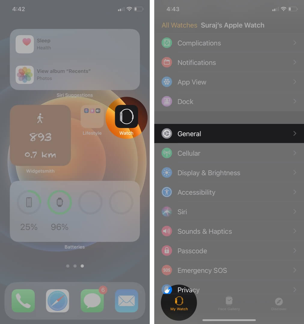 Open Watch App and Tap on General on My Watch Tab on iPhone