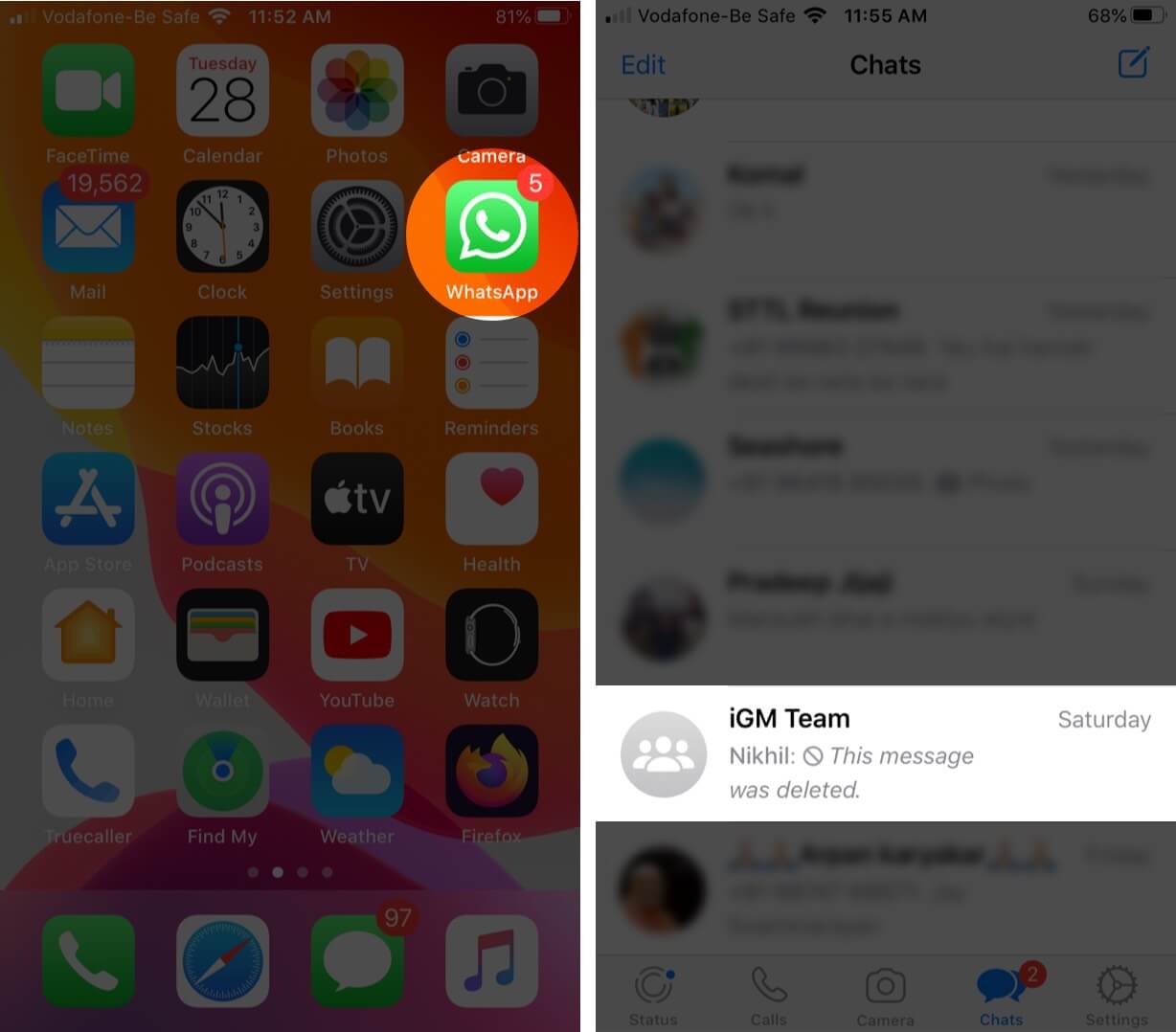 open whatsapp and tap on conversation on iphone