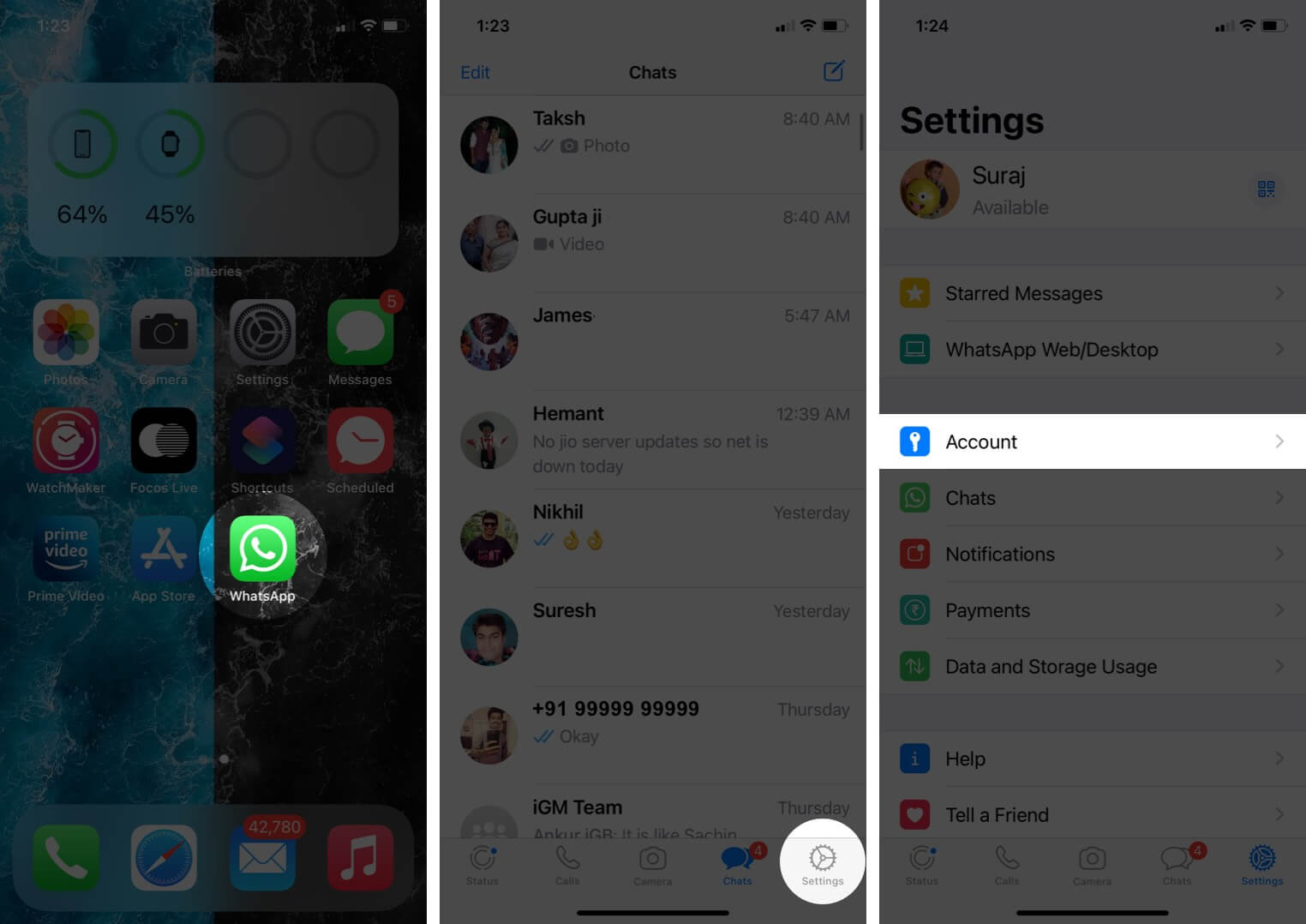 open whatsapp tap on settings and tap on account on iphone