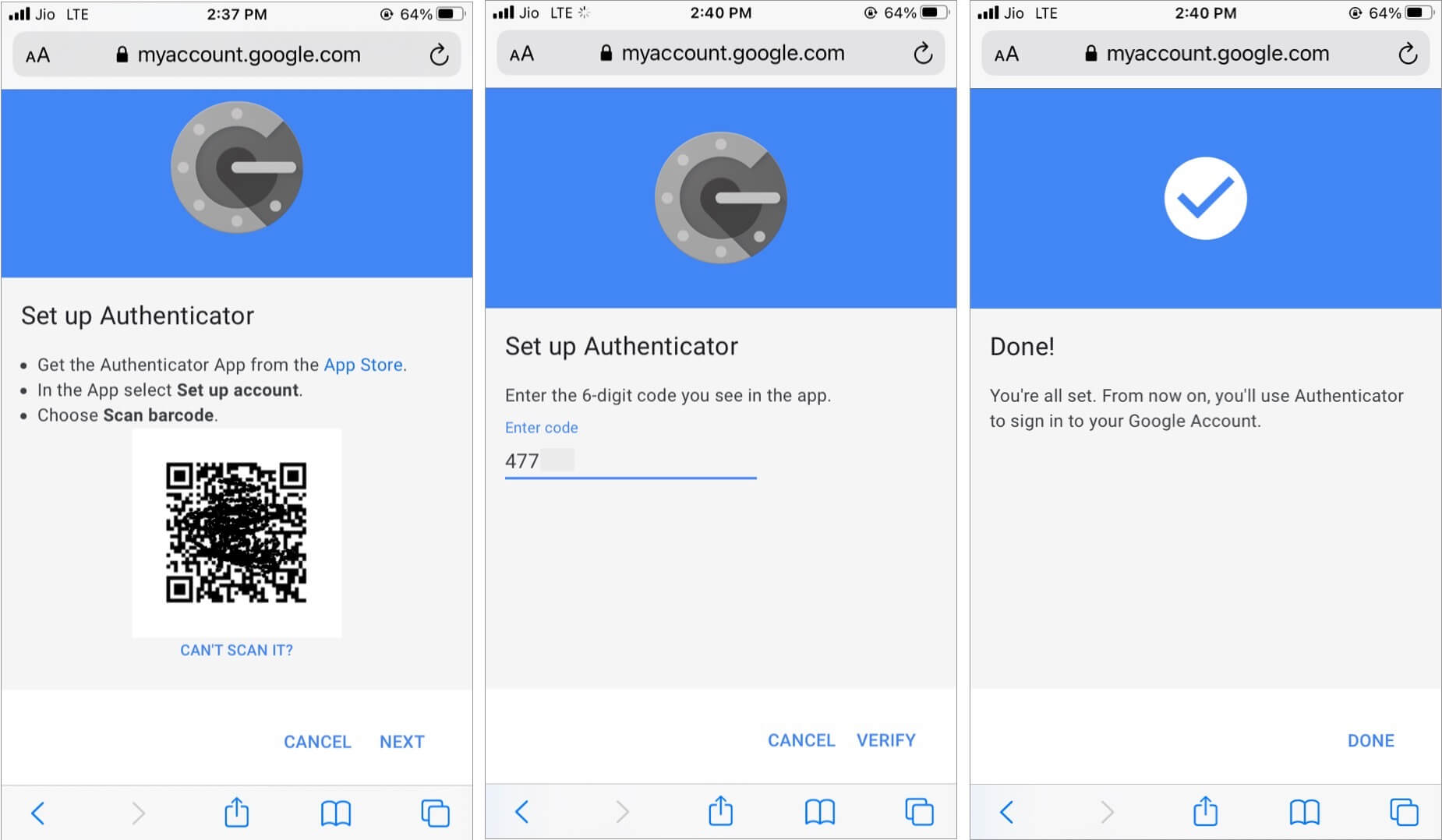 Paste six-digit code from authenticator app and tap Verify