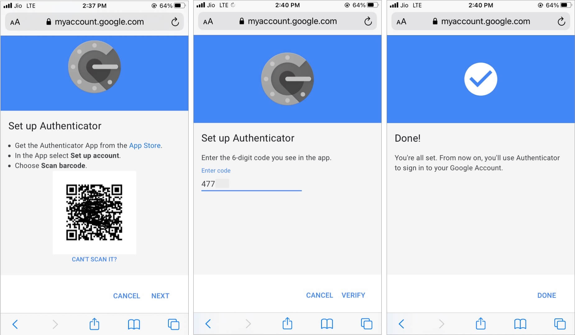 Paste six digit code from authenticator app and tap Verify