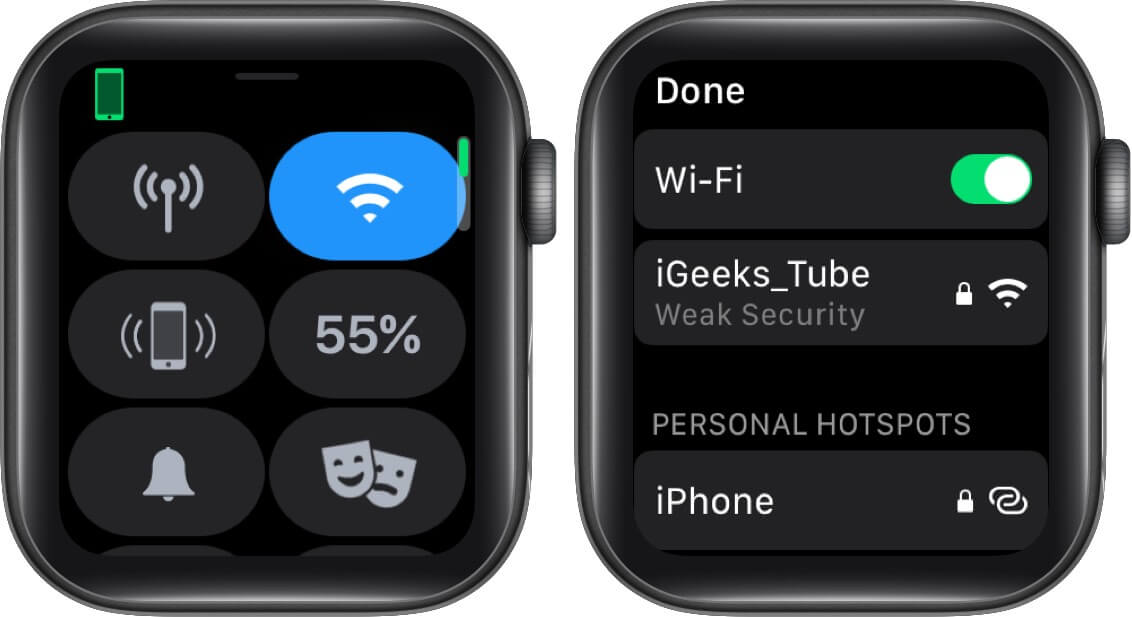 Press and Hold Wi-Fi Icon and Tap on Connected Wi-Fi on Apple Watch