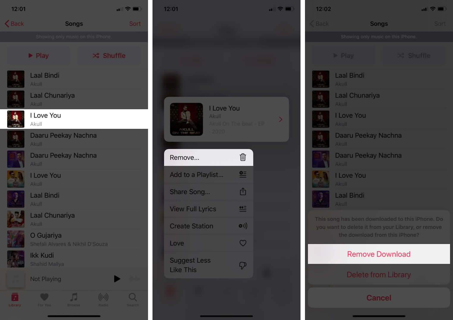 remove downloaded song from apple music app on iphone